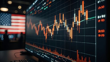 Stock market graph with U.S. flag in the background.
