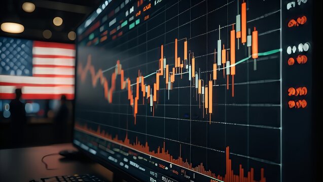 Stock market graph with U.S. flag in the background.