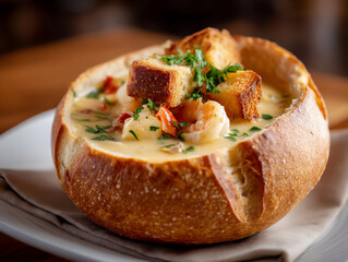  seafood chowder bread bowl,
