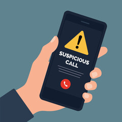 Hand holding smartphone displaying suspicious call alert  