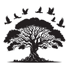Majestic Tree with Birds Silhouette Vector Illustration Symbolism Life Cycle
