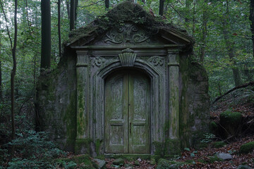 Mysterious stone gateway stands in a serene forest surrounded by tall trees on an overcast day