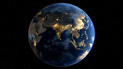 Obraz premium realistic 3d earth representation of asia with detailed atmospheric cloud layers and glowing city lights viewed from a space orbit position