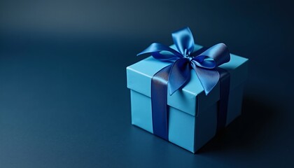 Obraz premium blue gift box with silk ribbon for christmas on dark background, photo.