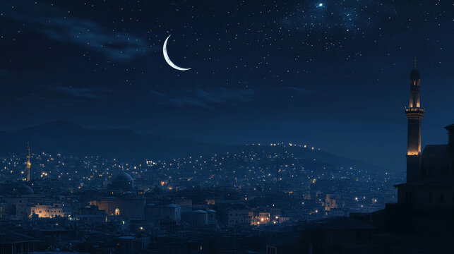 serene night sky with crescent moon over cityscape