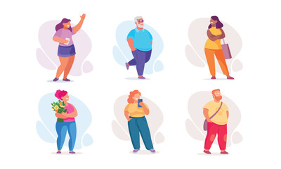 Body Positive Happy Man and Woman Character with Cheerful Smile Vector Illustration Set