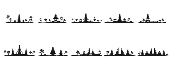 Traditional Balinese Temple Landscape Silhouette Set