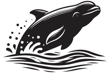 Leaping Dolphin Silhouette Vector Illustration Over Water Waves Design