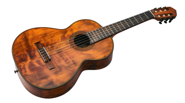 Classical Guitar close-up: A close-up shot captures the beauty of a classical guitar, highlighting its intricate craftsmanship and warm tones.