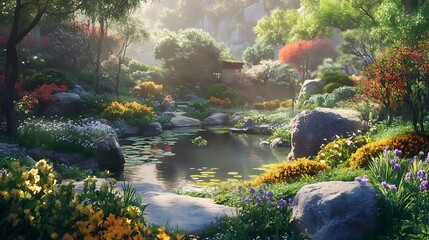 A Japanese garden with a red maple tree

