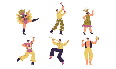 Brazilian Festival with People Dancing and Playing Musical Instrument Vector Set