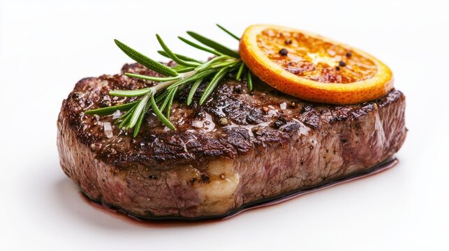 Juicy steak garnished with rosemary and a slice of orange, presenting a delicious blend of flavors and textures.