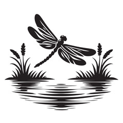 Dragonfly Silhouette Floral Vector Illustration Water and Reeds Design