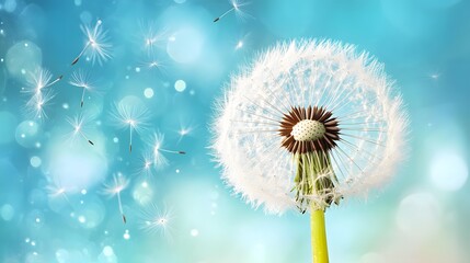 Obraz premium Close-up of a dandelion with seeds blowing in the wind against a blue bokeh background.