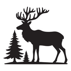 Majestic Elk Silhouette Standing Tall Among Evergreen Trees Vector