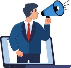 Fototapeta premium man holding a megaphone from a laptop screen representing digital marketing and social media promotion
