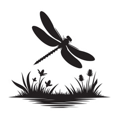 Dragonfly Silhouette Vector Illustration Flying Above Water Plants Design