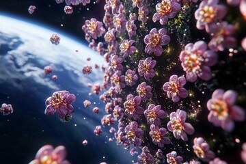 Blooming planet full of vibrant flowers set against a cosmic backdrop