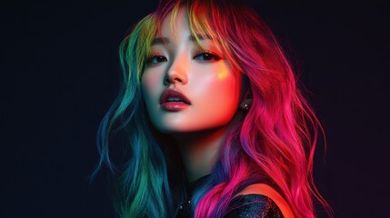 Fototapeta premium Portrait of a beautiful Asian woman with red hair in neon light, isolated on a black background. 