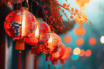 Fototapeta premium Beautiful holiday composition for happy celebrate chinese festival of lanterns, abstract vivid composition consists of fictional unreal fantastic vision on background