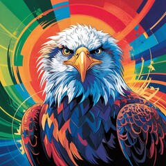 A vibrant and colorful digital painting of a majestic bald eagle in an abstract style, featuring bold strokes, bright hues, and a dynamic artistic composition perfect for modern art lovers. 