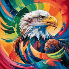 A vibrant and colorful digital painting of a majestic bald eagle in an abstract style, featuring bold strokes, bright hues, and a dynamic artistic composition perfect for modern art lovers. 