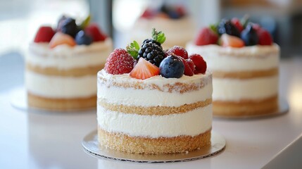 A beautifully layered dessert topped with fresh berries, showcasing a creamy texture and appealing design, ideal for celebrations.