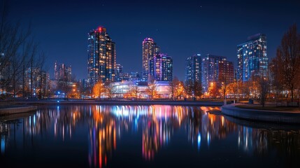 Fototapeta premium Urban reflections: shimmering cityscape at night in serene still water