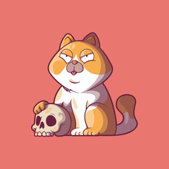 A Cute cat character with his paw over a skull vector illustration. Animal, mascot design concept.