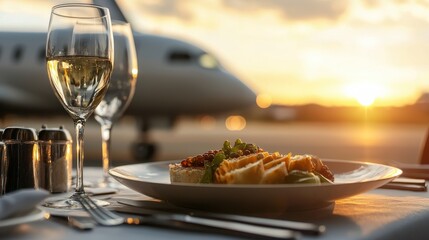 A beautifully set outdoor dining scene featuring a gourmet meal and a glass of wine, with a private jet silhouetted against a stunning sunset.