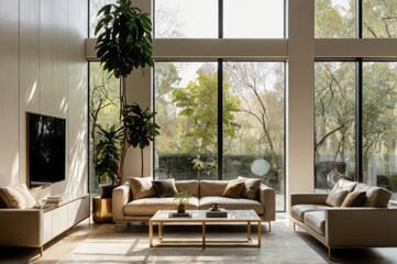 Fototapeta premium A contemporary modern living room showcasing natural light and green foliage