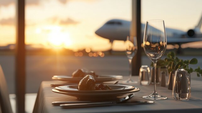 A luxurious dining table set against a sunset backdrop, with an airplane visible outside, creating an elegant travel dining experience.