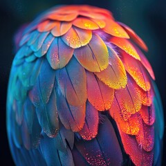 Fototapeta premium Close-up of colorful parrot feathers layered in red, pink, and blue tones with scattered glowing particles. Generative by AI.