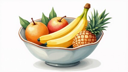 digital illustration bowl fresh fruits bowl light blue color has white rim inside bowl three bananas two pears pineapple bananas yellow pears red pineapple yellow green leaves top fruits arranged way