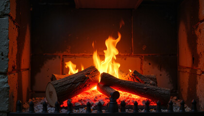 Cozy fireplace with vibrant flames and burning logs  