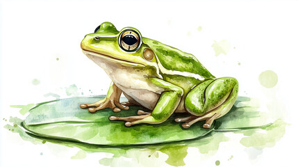 A simple watercolor illustration of a green frog sitting peacefully on a lily pad, rendered with minimal details and soft color washes on a white background