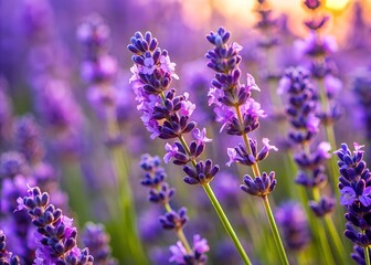 Blooming lavender sprig in close-up view in the foreground.