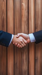 Business handshake against wooden backdrop. Agreement, partnership, and cooperation concept in professional setting