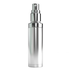 Silver chrome spray bottle mockup, sleek metallic container for luxury skincare or cosmetic packaging, isolated on transparent background.