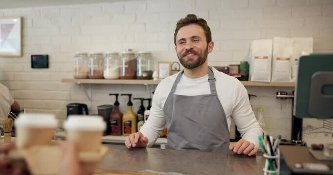 Man, waiter and serving coffee at cafe for takeaway order, customer service and confirm purchase. Person, giving espresso and beverage collection, consumer checkout and hospitality industry at store