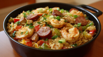  spicy cajun jambalaya, p: a hearty pot of jambalaya,
