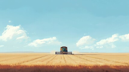 Naklejka premium 69.A front-facing perspective of a combine harvester cutting through ripe crops on an empty expanse of farmland, with the horizon stretching endlessly in the background.
