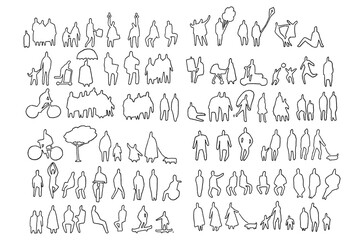 Architectural Drawings, people vector in park out door illustration, Minimal style hand drawn, set elements for architecture and landscape design. Sections, Elevations, Floor Plans.