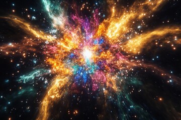 Cosmic explosion showcasing vibrant colors and swirling particles in deep space