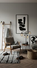 A serene minimalist living room featuring a mid-century modern armchair, stylish lighting, and abstract art, creating a calm and inviting atmosphere with warm wood tones.