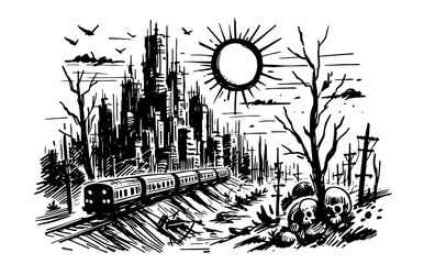 Fototapeta premium abandoned train near post-apocalyptic city