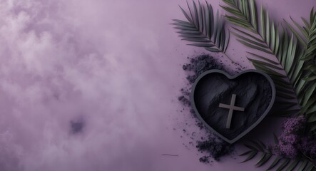 Ash Wednesday Heart with Cross Palm Leaves and Cloud Background