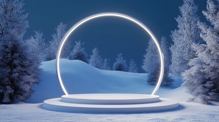 Snowy winter scene, glowing circle, product display, promotional backdrop