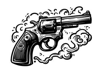vintage revolver with smoke in engraved tattoo style