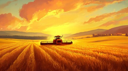 Fototapeta premium 71.A serene rural scene with a lone combine harvester in the middle of a vast golden field, surrounded by gentle rolling hills and a vivid sunset sky.